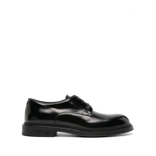 EMPORIO ARMANI EXCLUSIVE Derby shoes in buffed leather, black calf, patent finish, almond toe, front lace-up, 35mm stacked heel.