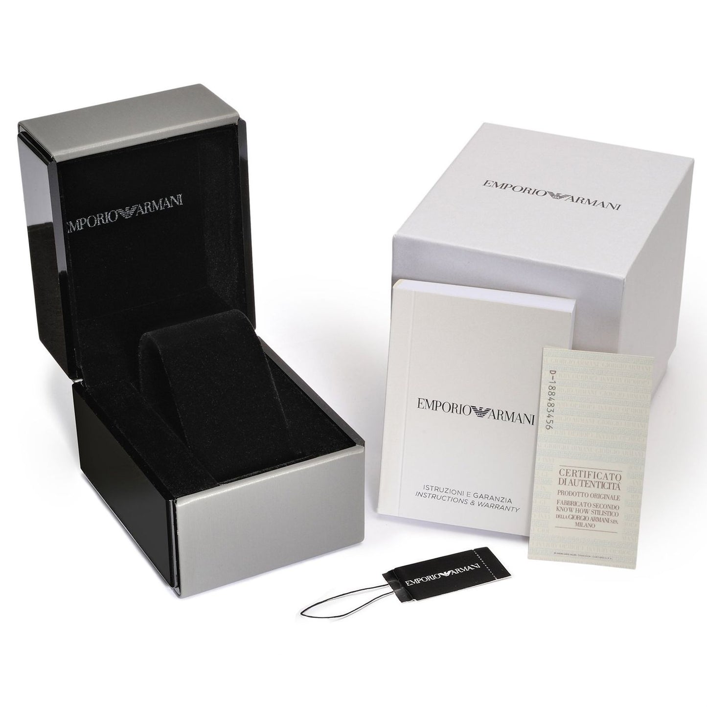 Official box of EMPORIO ARMANI MOD. AR11339 wristwatch with warranty and authenticity certificate.