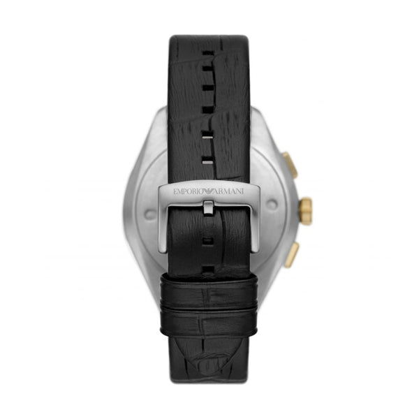 EMPORIO ARMANI MOD. AR11498 watch back view, showcasing leather strap and stainless steel case.
