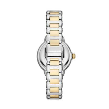 Stainless steel SS bracelet of EMPORIO ARMANI Mod. MIA wristwatch with gold accents showing back view.
