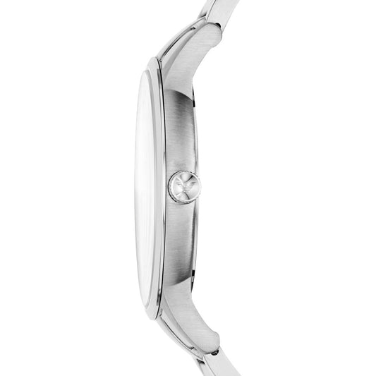 Side view of EMPORIO ARMANI Mod. RENATO wristwatch with stainless steel case and bracelet, water resistant 5 ATM, quartz movement.