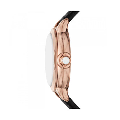 Side view of EMPORIO ARMANI WATCHES Mod. AR11631 with 32mm rose gold case and black strap for ladies, shown in official packaging.