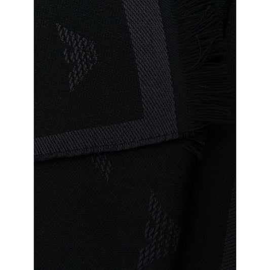 Detail of Emporio Armani Allover logo wool scarf in black/anthracite grey, knitted construction with embroidered logo and frayed edge.