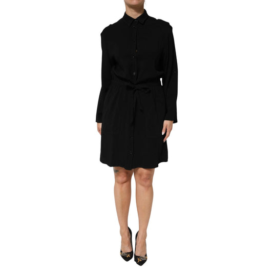 Emporio Armani Black Viscose Blend Shirt Style Belted Dress