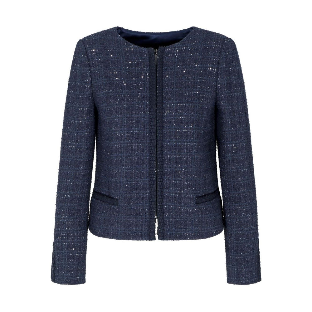 Emporio Armani Jackets Blue navy sequin tweed wool blend blazer with front zip and long sleeves, ideal formalwear fashion choice