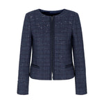 Emporio Armani Jackets Blue navy sequin tweed wool blend blazer with front zip and long sleeves, ideal formalwear fashion choice