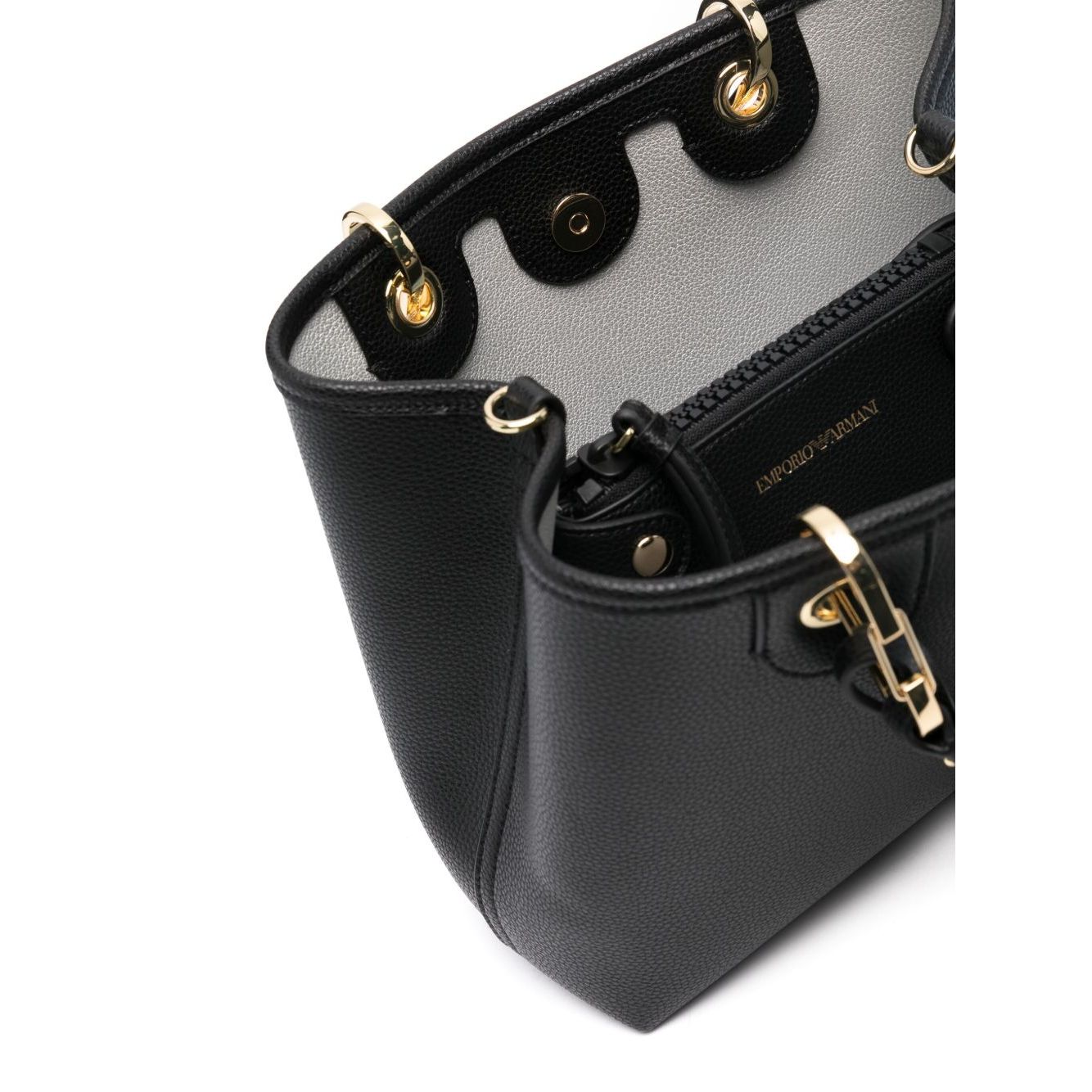 Top view of Emporio Armani MyEA small shopping bag in black faux leather with gold-tone hardware and removable pouch.