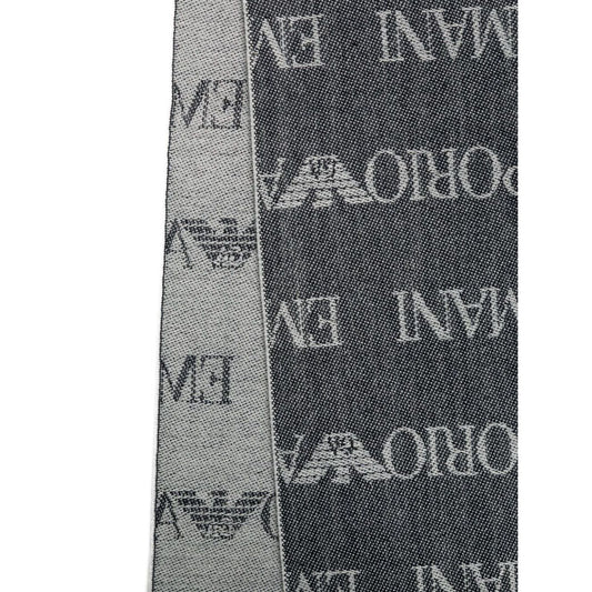 Navy blue Emporio Armani Wool blend scarf with logo pattern and fringed edges, rectangular shape, 185cm x 44cm size.