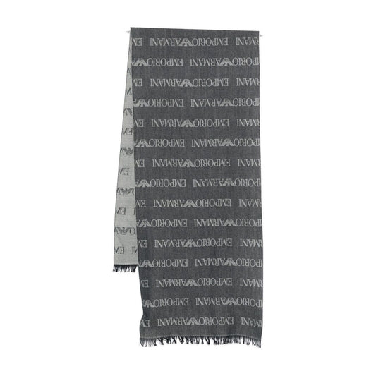 Emporio Armani Wool blend scarf with navy blue logo pattern, fringed edges, rectangular shape, 185cm length, and 44cm width.