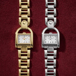 FOSSIL Mod. HARWELL wristwatch for ladies, 28mm case, elegant design, shown with gold and silver metal bracelets on red background.