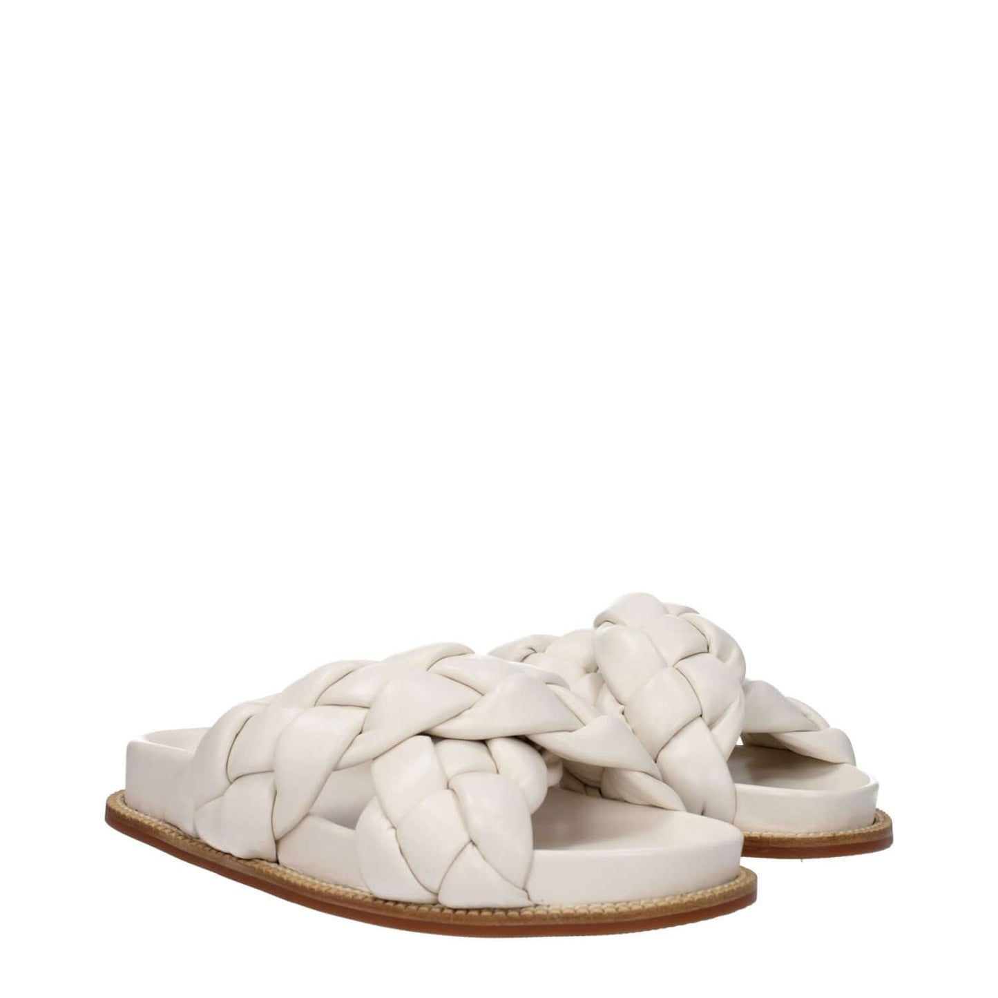 Alt Tag: Fabiana Filippi Beige Leather Slippers with open toe design and rubber sole, featuring braided leather style for casual wear.