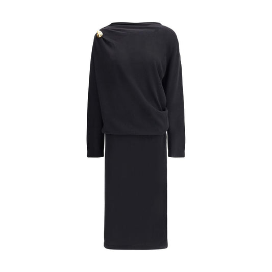 Fabiana Filippi Black Fleece Wool Casual Dress with gold shoulder button and ribbed cuffs