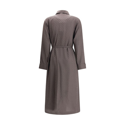 Back view of Fendi Brown Silk Casual Dress with FF check pattern, shirt-style collar, and belt, showcasing elegance and structure.
