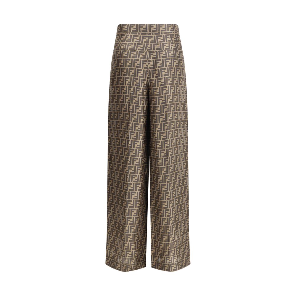 Fendi Brown Silk Casual Pants with FF monogram, high waist, and palazzo cut; elegant and timeless design for fashion-forward wear.