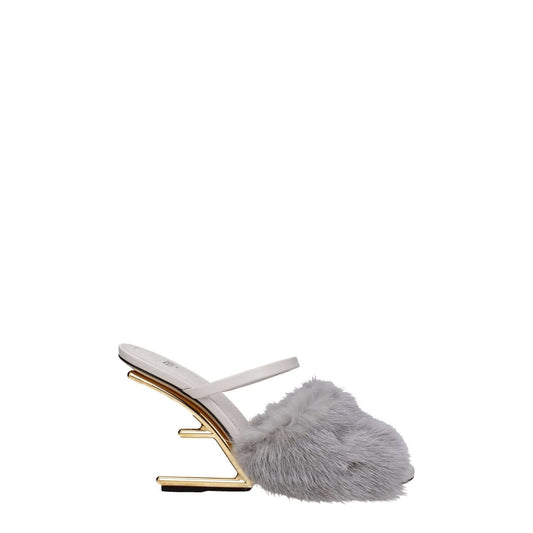 Fendi Gray Mink Slippers with high heel and open toe, featuring side logo and leather sole, designed for casual style.