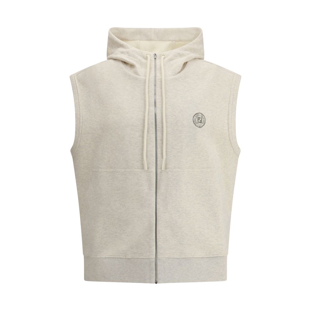 Fendi Hooded Vest with logo, front zipper, and patch pockets. Made in Italy, 100% cotton, slim fit, AW25 season.