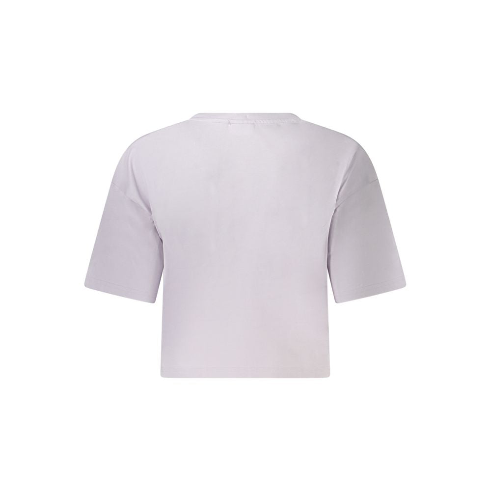 Back view of Fila Pink Cotton Women T-Shirt with loose cropped design and iconic logo, showcasing chic and casual style for fashion-forward looks.