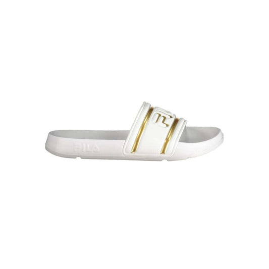 Fila White Polyethylene Sandal with contrasting gold logo, Morro Bay design. Perfect slip-on slipper for comfort and style.