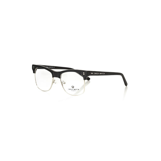 Frankie Morello Black Metallic Unisex Eyeglass Frame with sleek black acetate and metallic fiber design, featuring the brand logo on temples.