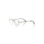 Frankie Morello Gray Metallic Unisex Eyeglass Frame with round design, Italian craftsmanship showcased on sleek white background.