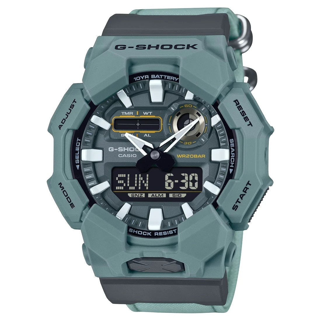 Alt Tag: CASIO G-SHOCK Mod. NEW RUGGED BASIC Digital 10-Year Battery, 20 ATM water resistant watch, carbon & resin case, multifunction quartz movement.