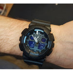 CASIO G-SHOCK Mod. GS BASIC wristwatch with resin strap and multifunction quartz movement, pictured on wrist, ideal for gents, water-resistant.