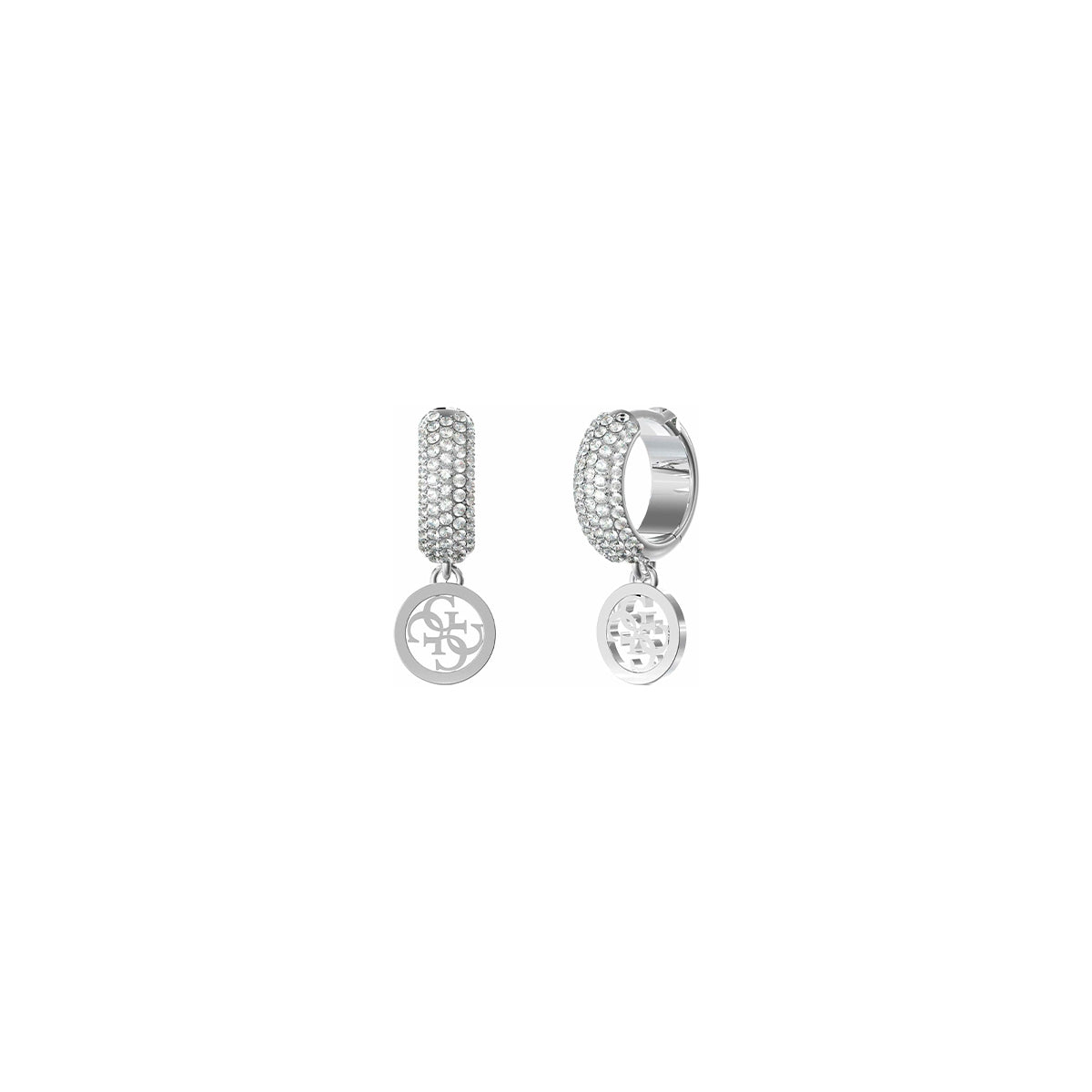 Silver earrings from GUESS JEWELS JEWELRY Mod. JUBE03301JWRHT-U with sparkling crystal details and circular charms.