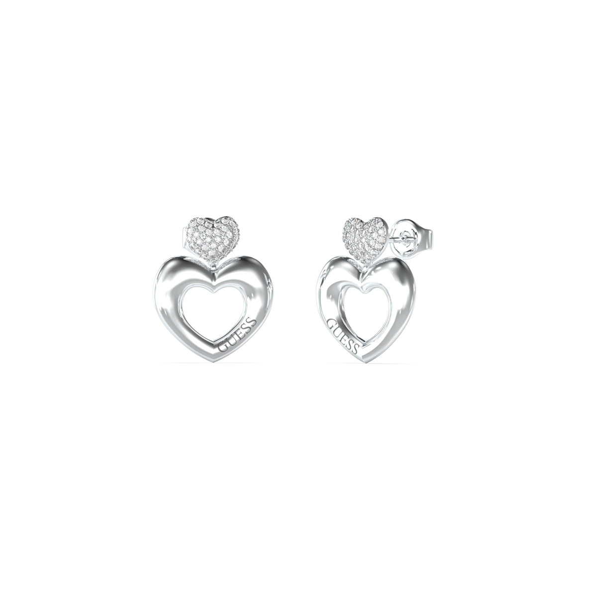 GUESS JEWELS JEWELRY Mod. JUBE05209JWRHT-U silver heart-shaped earrings with crystal accents.