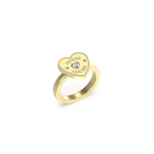 GUESS JEWELS JEWELRY Mod. JUBR05059JWYG54 heart-shaped gold ring with "Guess Amore" engraving and crystal accent