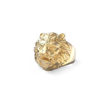 Gold lion-shaped ring from GUESS JEWELS JEWELRY Mod. JUMR01307JWYG64 showcasing intricate design with a stunning lion head.