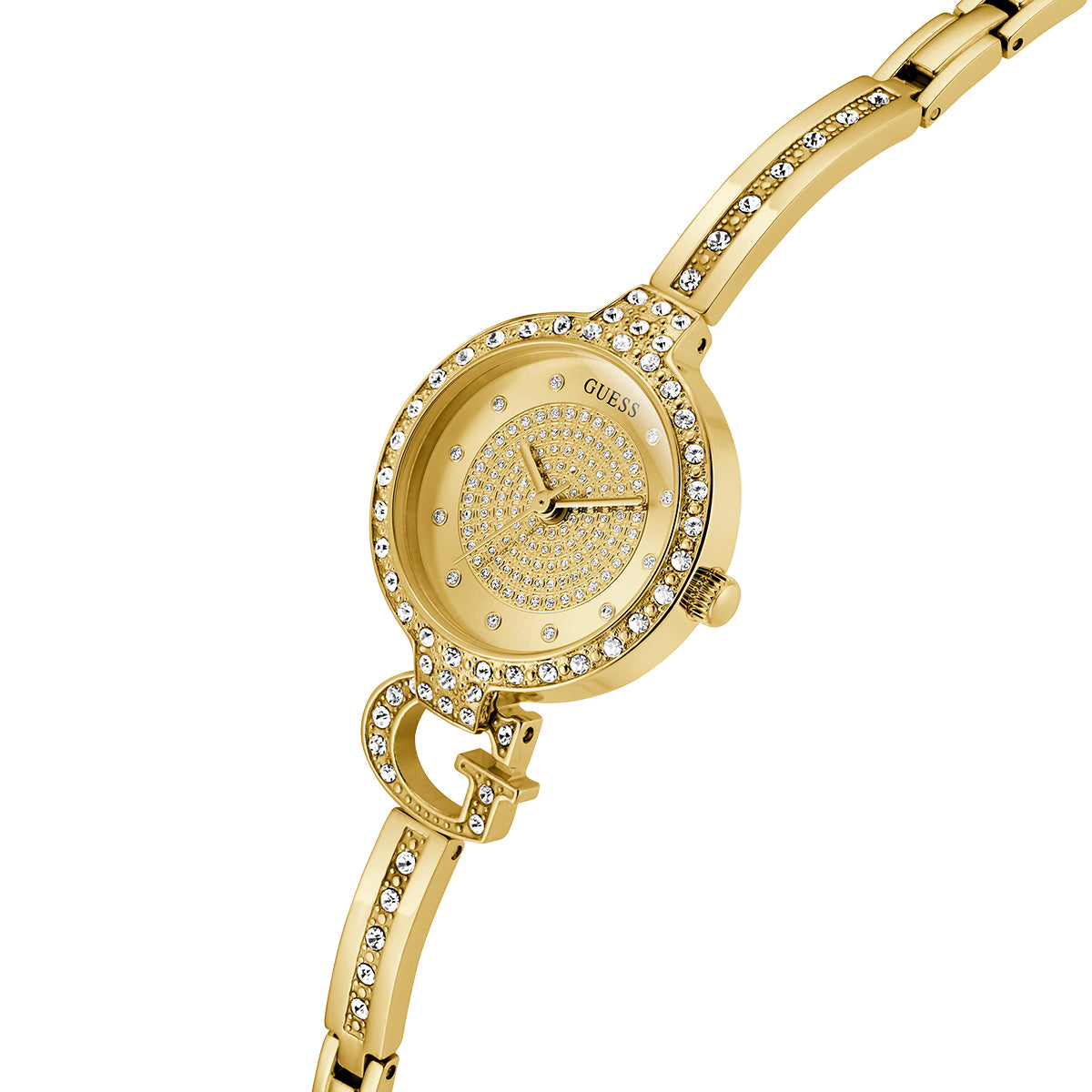 Elegant gold watch with crystals, GUESS Mod. GISELLE, showcasing a glamorous design. Perfect accessory for sophisticated style.