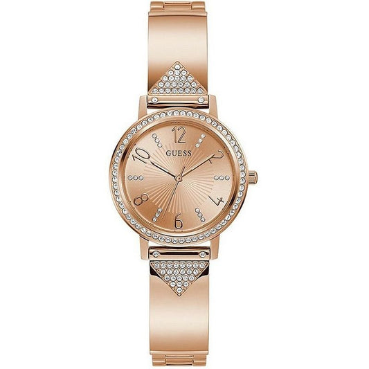 GUESS Mod. TRILUXE rose gold ladies wristwatch with quartz movement and mineral dial in official packaging.