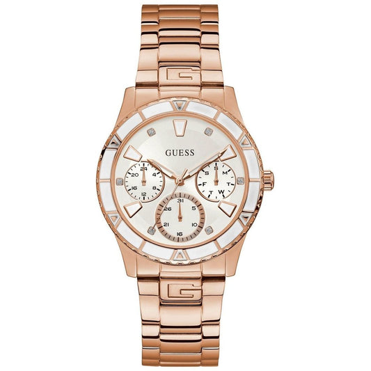 Rose gold GUESS Mod. W1158L2 watch with quartz movement and 24h function for ladies, featuring a mineral dial and 3 ATM water resistance.