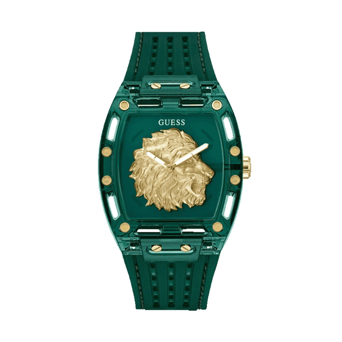 Elegant GUESS Mod. PHOENIX watch with lion emblem and green strap, showcasing stylish luxury design.