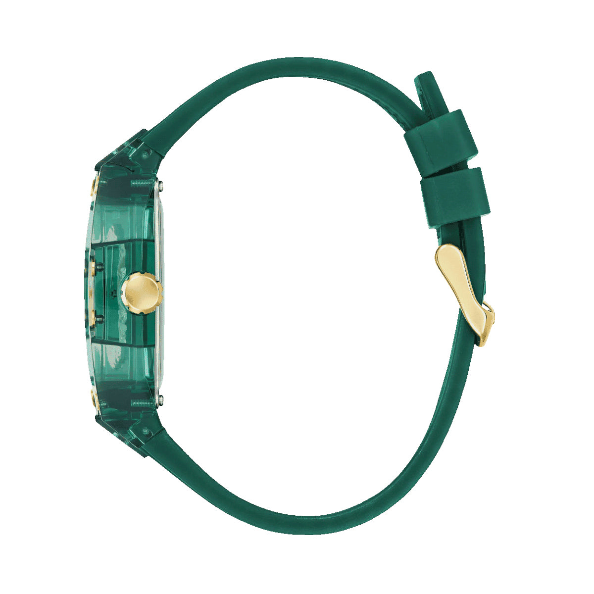 Side view of GUESS Mod. PHOENIX watch with green band and gold accents, showcasing its sleek design and stylish features.