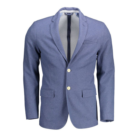 Gant Blue Cotton Men Jacket featuring a classic slim-fit design, tailored with long sleeves and a 2-button closure for versatile style.