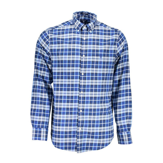Gant Blue Cotton Men Shirt with button-down collar and single pocket, featuring classic plaid design for timeless style.