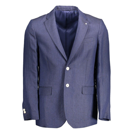 Gant Blue Linen Men Jacket with two-button closure and signature logo, perfect for a sophisticated casual style.