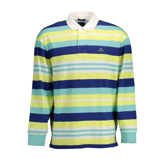 Gant Yellow Cotton Men Polo Shirt with long sleeves, featuring colorful stripes and signature embroidery logo on the chest.