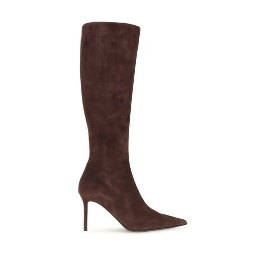 Giuseppe Zanotti Brown Leather High Heel Boots with suede finish, stiletto heel, almond toe, knee-high design, and back zipper closure.