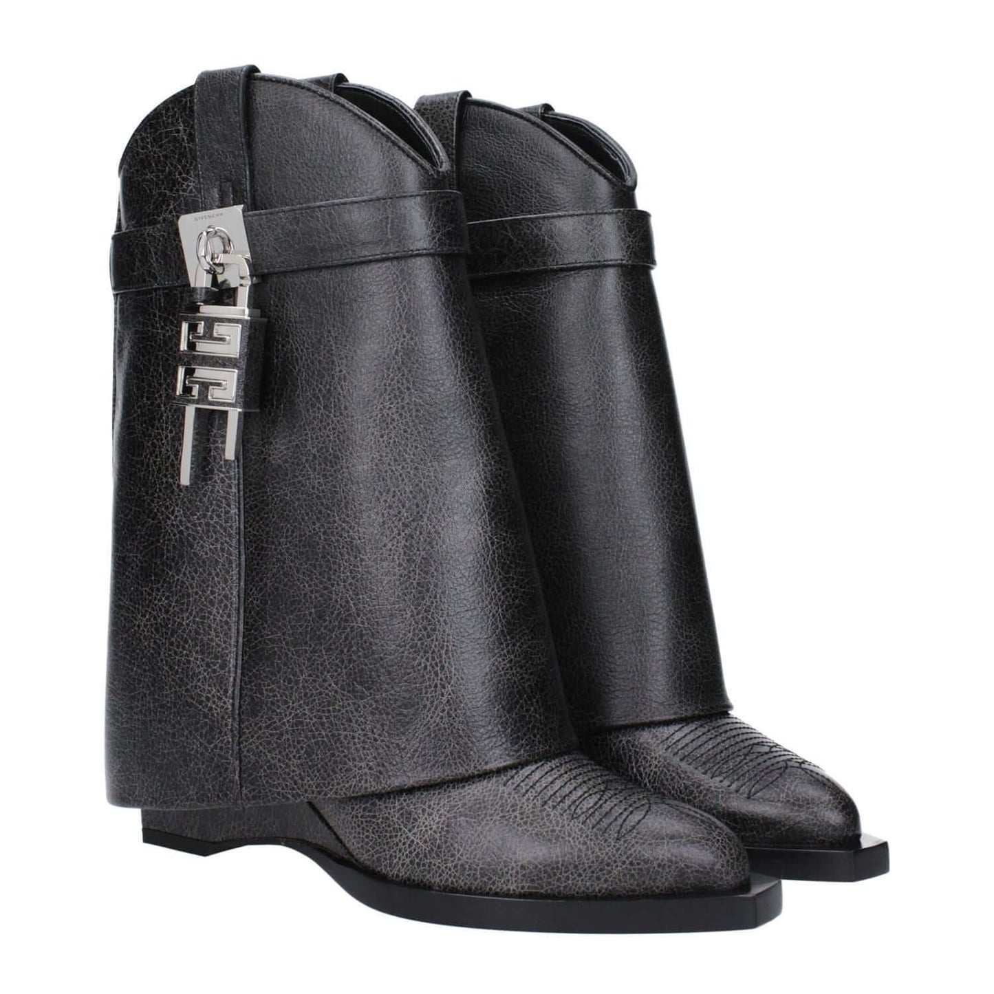 Givenchy Black Leather Ankle Boots with vintage effect, pointy toe, wedge heel, and silver side logo detailing.