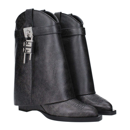 Givenchy Black Leather Ankle Boots with vintage effect, pointy toe, wedge heel, and silver side logo detailing.