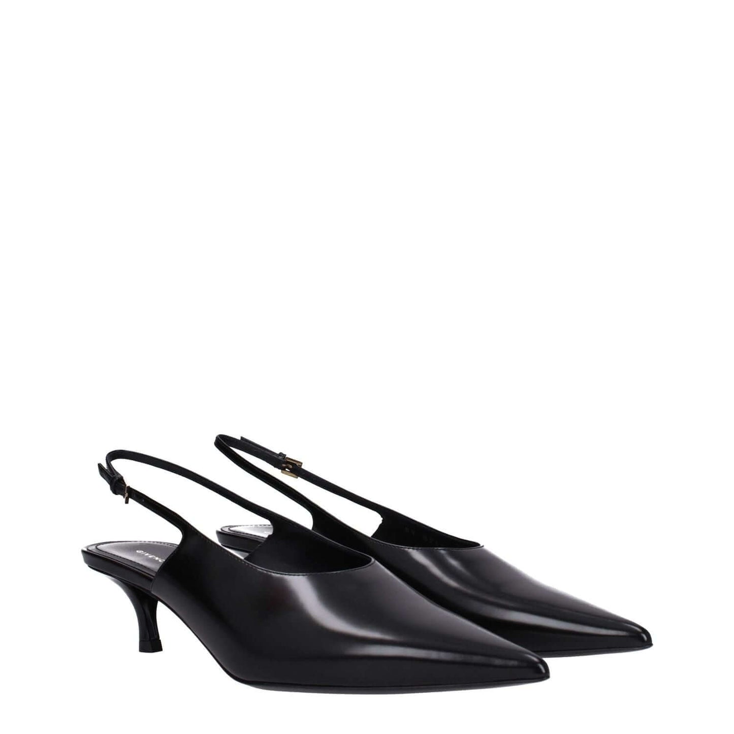 Givenchy Black Leather Mid Heel Pumps with buckle closure, pointy toe, and 5.5 cm mid heels for a casual style.