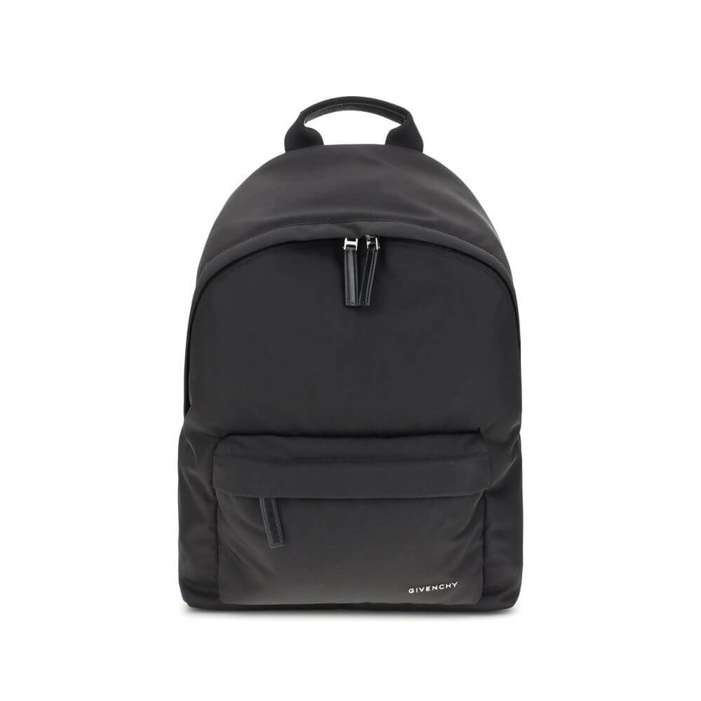 Givenchy Black Polyamide Backpack with leather pull tabs, metal logo, adjustable padded straps, front zip pocket, and interior flat pocket.