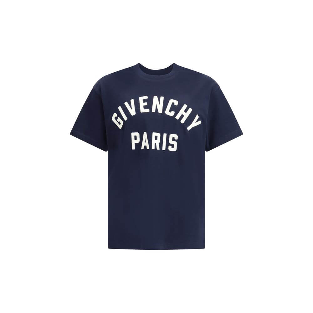 Givenchy Blue Cotton T-Shirt with white logo, featuring ribbed crew neck, AW25, crafted from soft 100% cotton for a refined style.