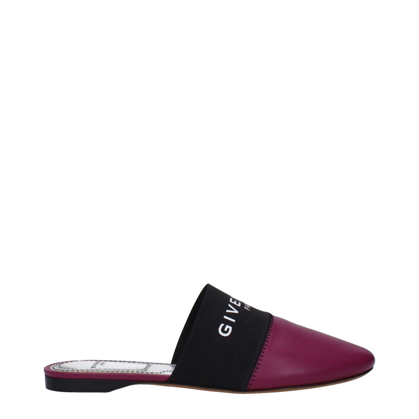 Side view of Givenchy Purple Leather Slippers featuring front logo, round toe, and low heel, crafted in violet leather.