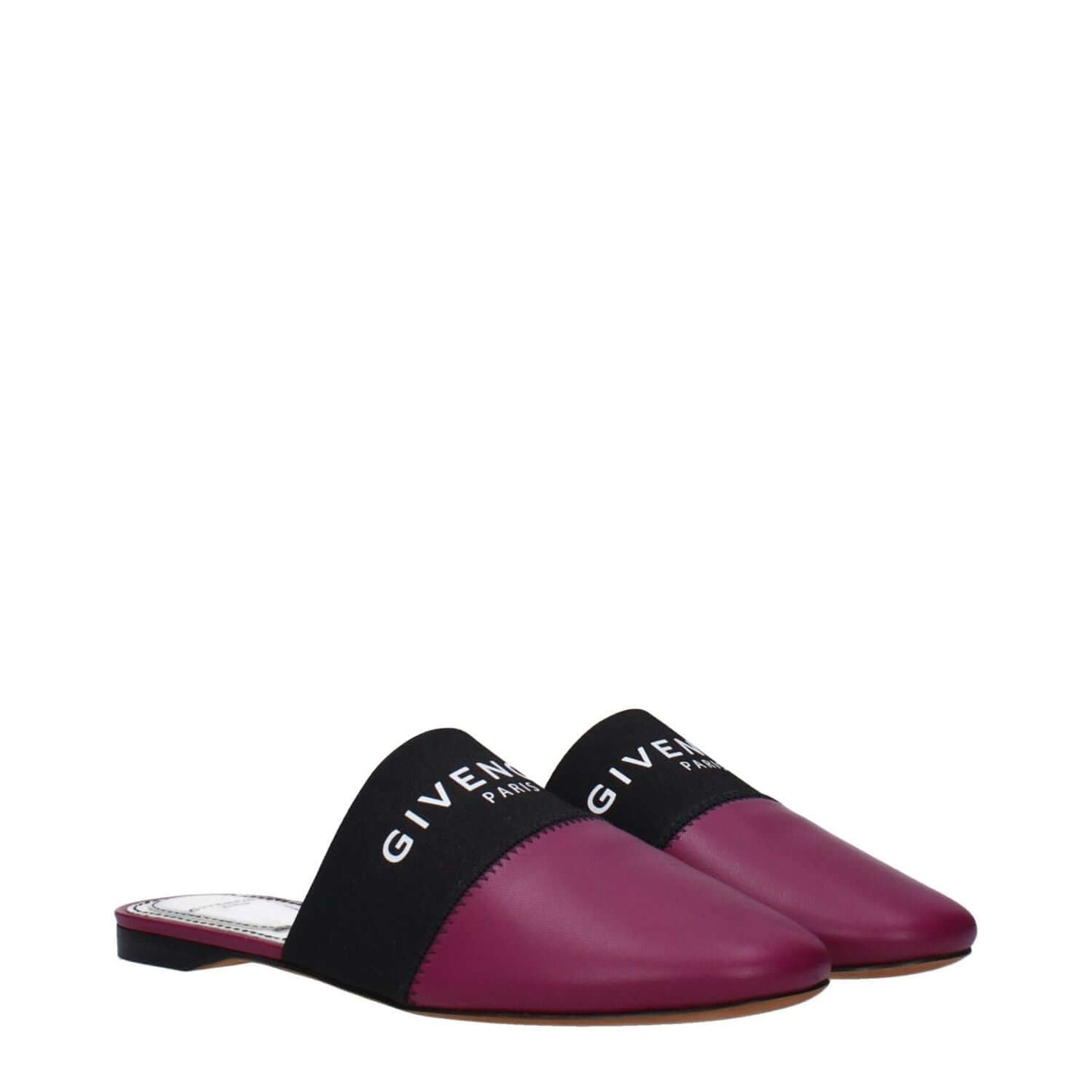 Givenchy Purple Leather Slippers with front logo and round toe, featuring a low flat heel. Made of leather with dark orchid accents.