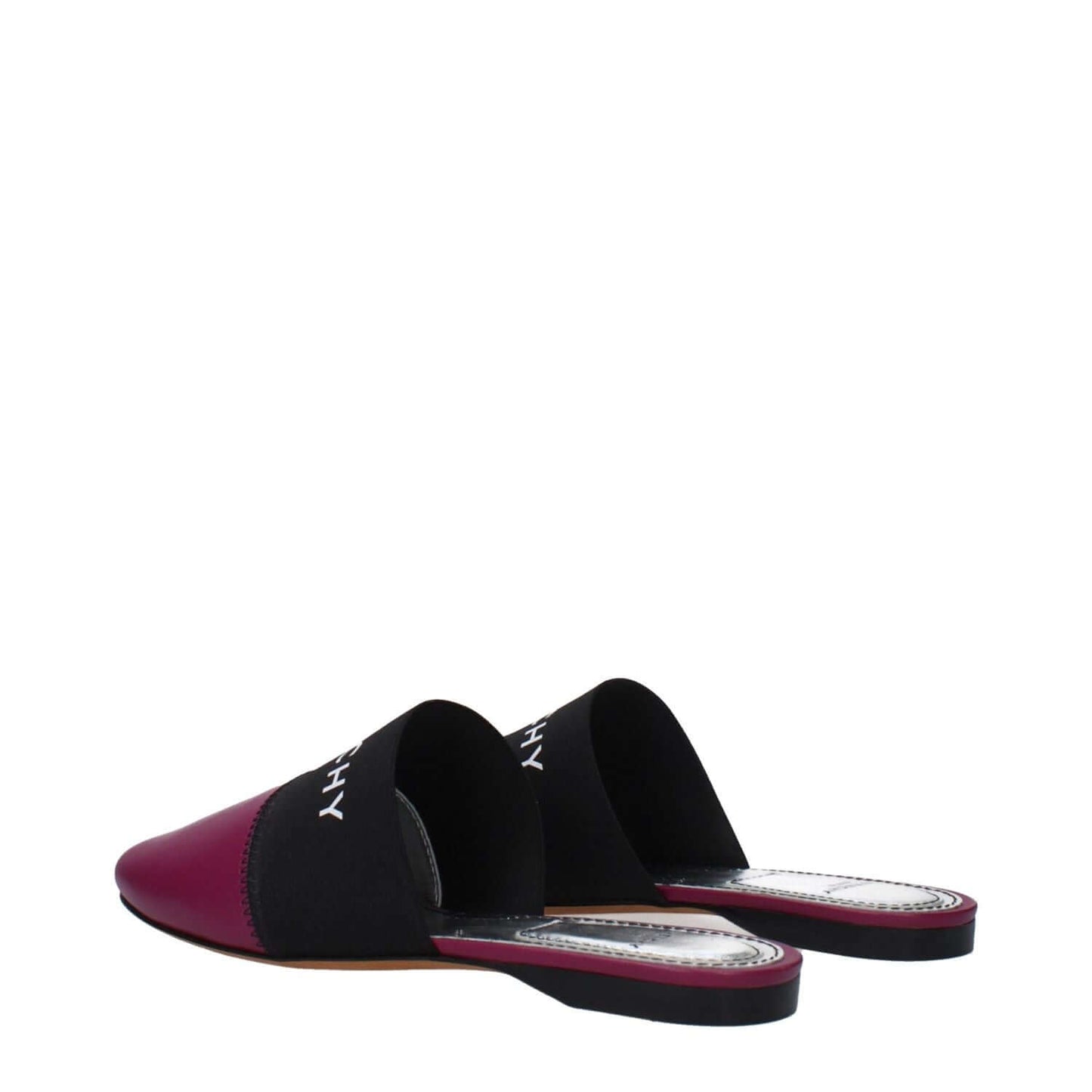 Givenchy Purple Leather Slippers with logo, low flat heel, round toe, and dark orchid color accents.