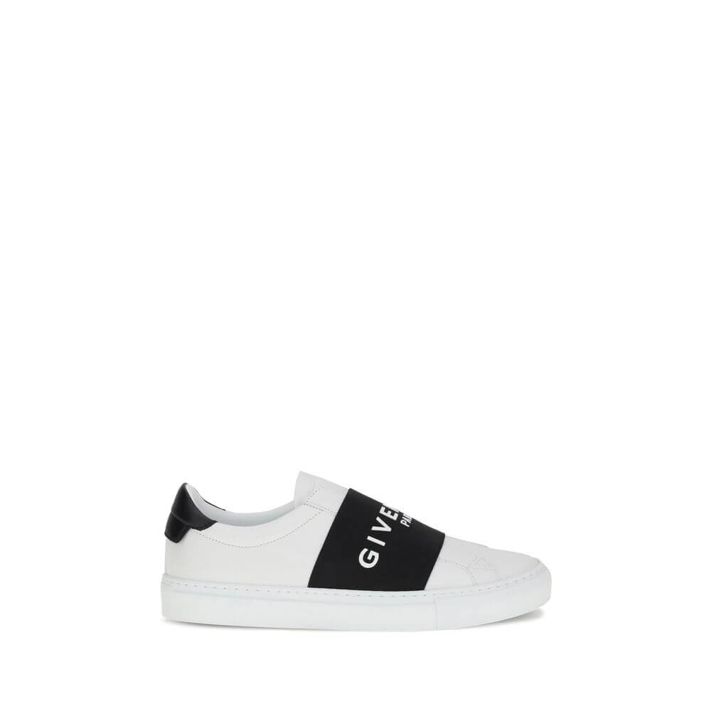 Givenchy White Calf Leather Bos Taurus Low Top Sneakers with elastic band and embossed logo, slip-on design.