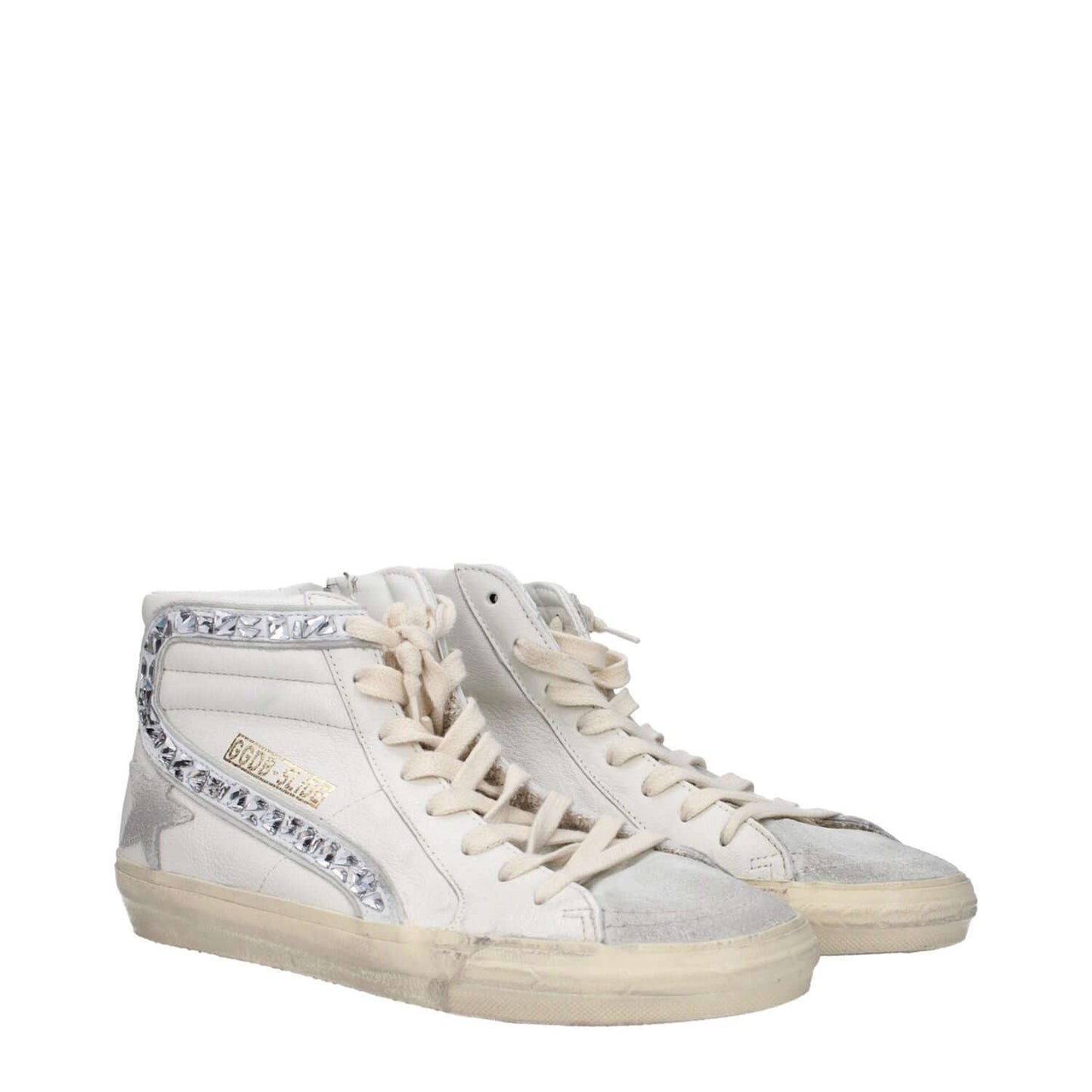 Golden Goose White Leather High Top Sneakers with logo and vintage effect, featuring lace-up closure and unique aged design details.